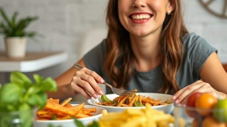 Pessoa relaxada à mesa com pratos balanceados, simbolizando alternativas saudáveis após dietas restritivas e a prática de comer em paz sem culpa.