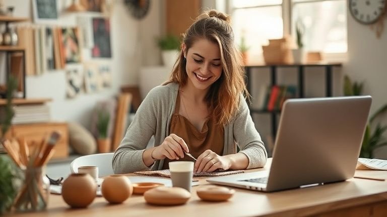Pessoa sorrindo enquanto prepara produtos artesanais para venda, ilustrando renda extra com hobby e equilíbrio entre trabalho e prazer.