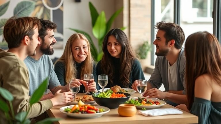 Jovens urbanos discutindo produtos e estilo de vida vegano, representando o interesse pela moda ser vegano em 2024 em ambiente moderno e sustentável.