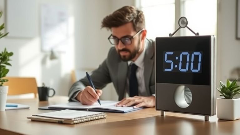 Pessoa no escritório realizando alongamento e olhando um timer de 5 minutos, representando a técnica de pausa de 5 minutos para reduzir estresse e recuperar foco.