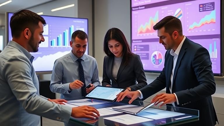 Equipe de empreendedores analisando métricas e gráficos em telas, destacando redes sociais negócios e estratégias para aumentar engajamento e vendas em 2026.